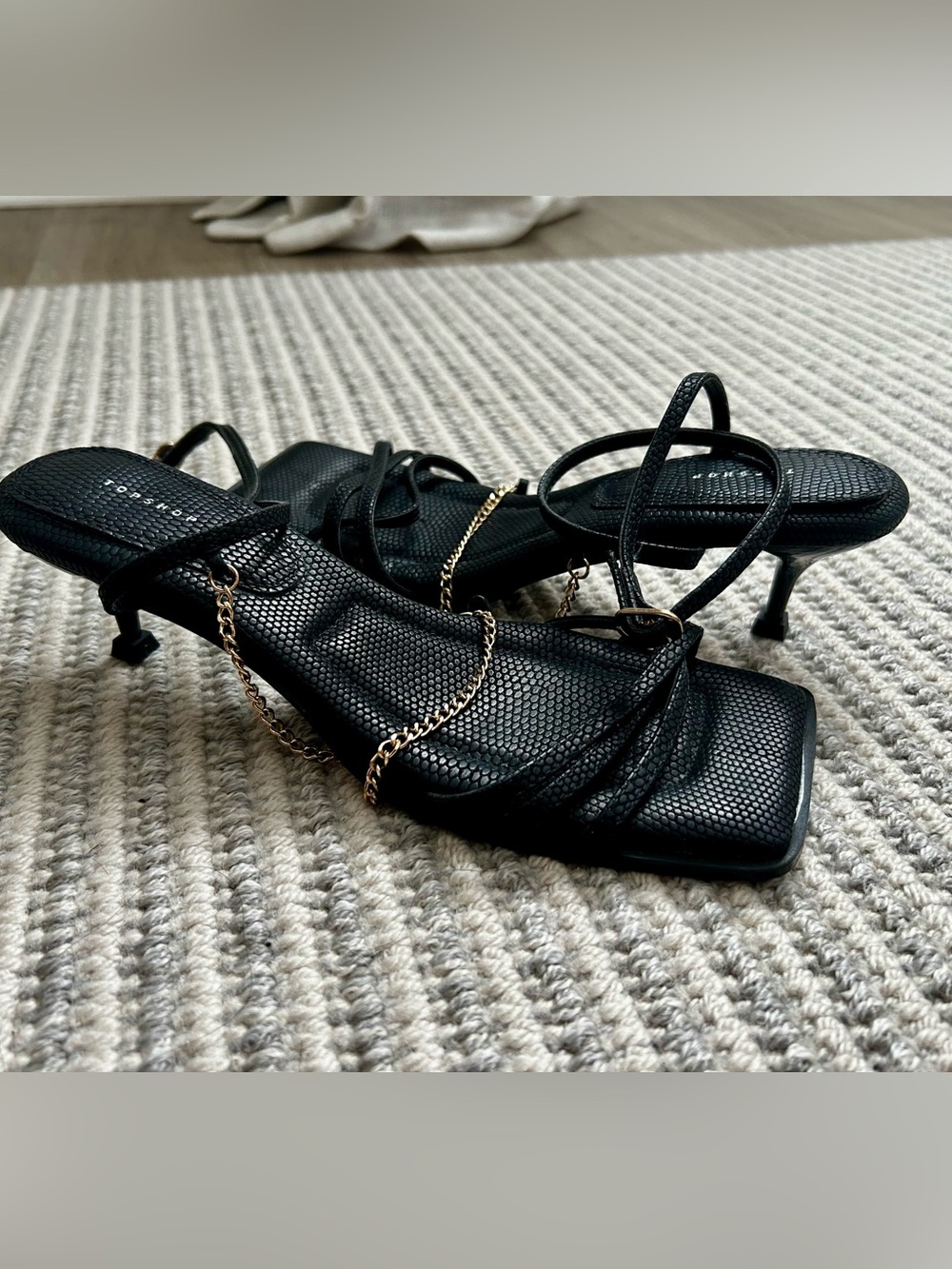 TopShop Black Strappy Chain-Accent Heels - Women